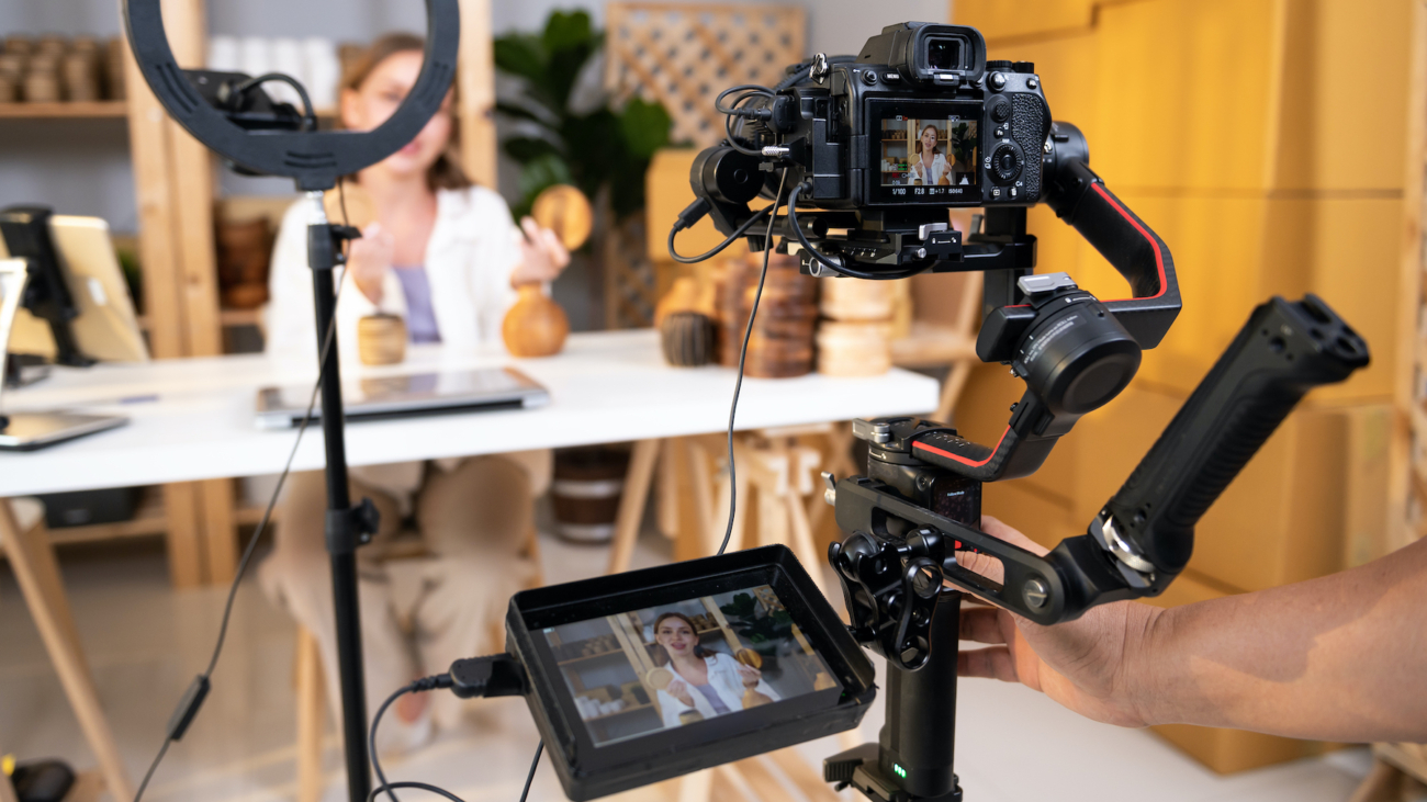 Behind the scenes of A young pretty woman entrepreneur live streaming